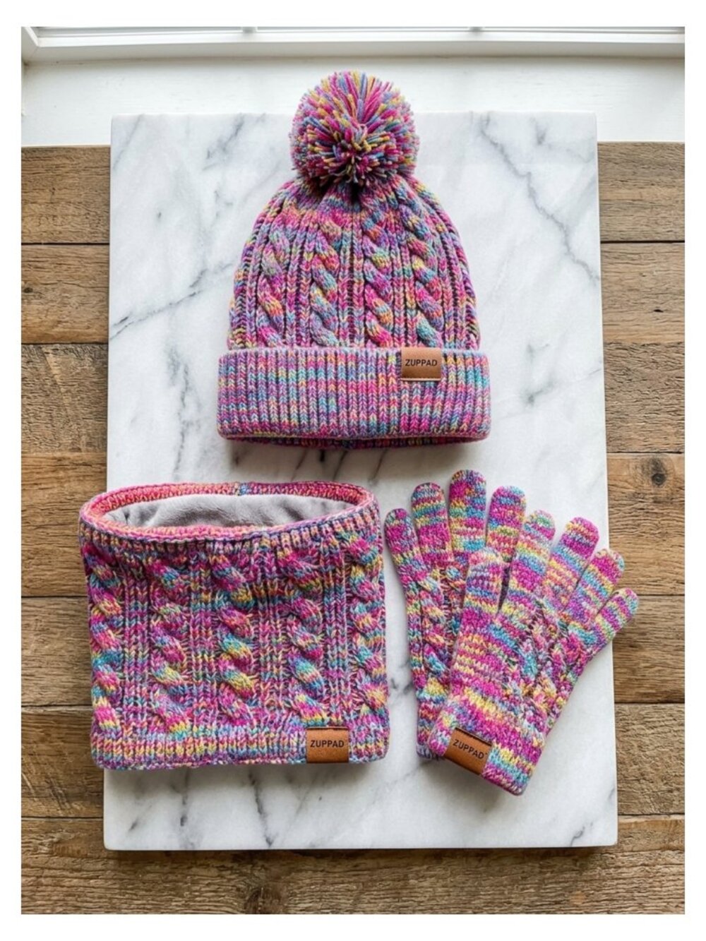 Kids Winter Hat Gloves Scarf Set Fleece Lined Knit Beanie Pom Neck Warmer